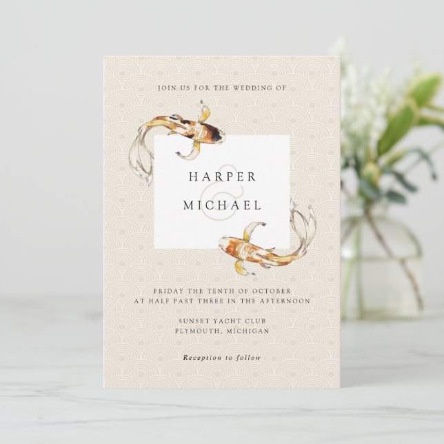 watercolor japanese koi fish wedding invitation (Standing Front)