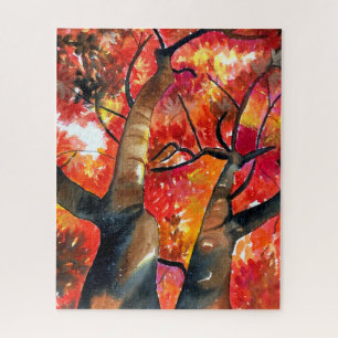 Watercolor Japanese maple tree art Jigsaw Puzzle