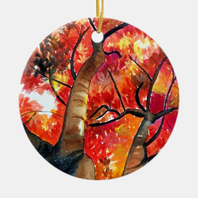 Watercolor Japanese maple tree Ceramic Ornament (Front)