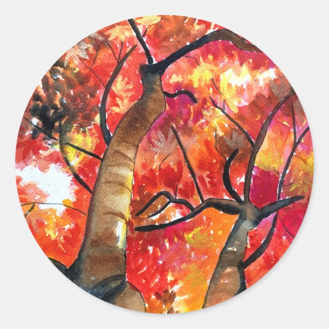 Watercolor Japanese maple tree Classic Round Sticker (Front)