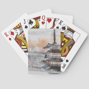 Watercolor Japanese Pagoda & Fuji  Playing Cards