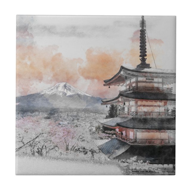 Watercolor Japanese Pagoda & Fuji  Tile (Front)