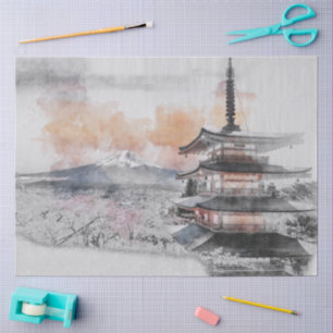 Watercolor Japanese Pagoda & Fuji  Tissue Paper