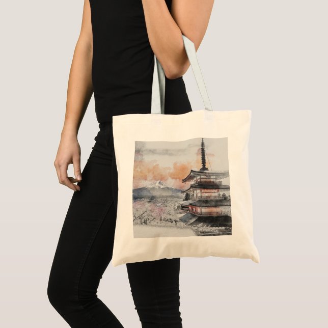 Watercolor Japanese Pagoda & Fuji  Tote Bag (Front (Product))