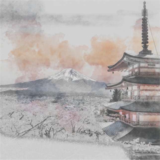 Watercolor Japanese Pagoda & Mt. Fuji  (Front)