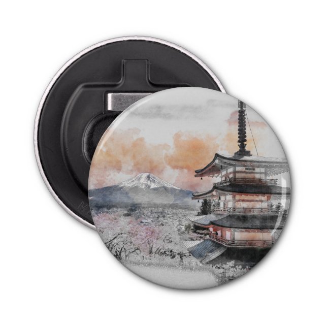 Watercolor Japanese Pagoda & Mt Fuji Bottle Opener (Front)