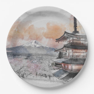 Watercolor Japanese Pagoda & Mt. Fuji Paper Plates