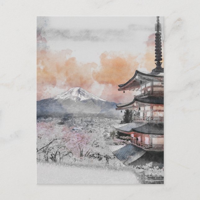 Watercolor Japanese Pagoda & Mt. Fuji  Postcard (Front)