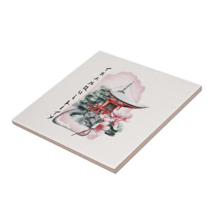 Watercolor Japanese Temple Sakura Blossom Ceramic Tile