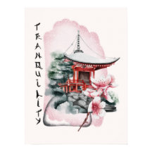 Watercolor Japanese Temple Sakura Blossom
