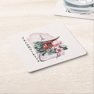 Watercolor Japanese Temple Sakura Blossom Square Paper Coaster