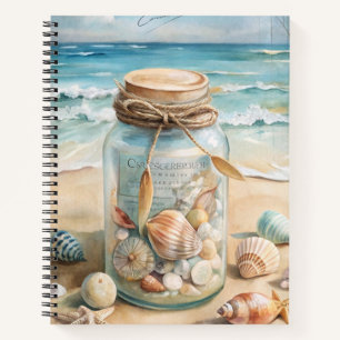 WATERCOLOR JAR OF SEASHELLS ON THE BEACH NOTEBOOK