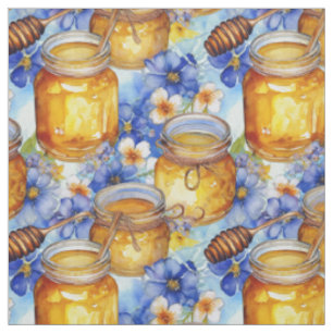 Watercolor Jars of Honey with Blue Flowers Fabric
