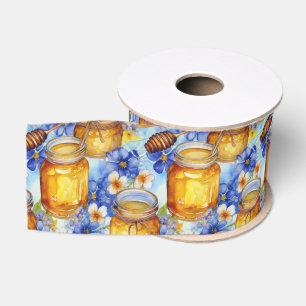 Watercolor Jars of Honey with Blue Flowers Grosgrain Ribbon