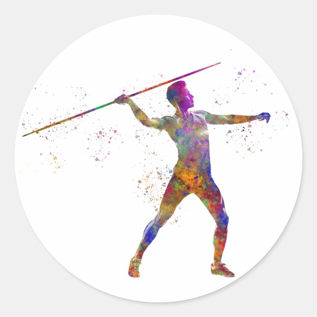 Watercolor javelin throw classic round sticker (Front)