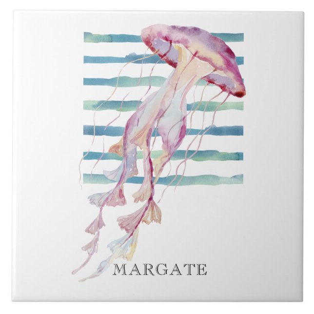 Watercolor JELLYFISH Beach Coastal MARGATE Tile (Front)