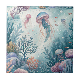 Watercolor Jellyfish Coral Reef Underwater Pattern Tile