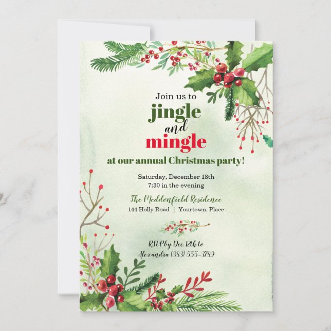 Watercolor Jingle and Mingle Christmas Party Invitation (Front)