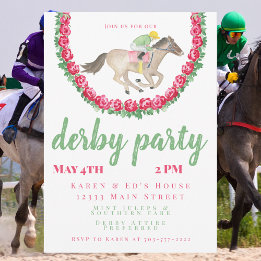 Watercolor Jockey & Horse with Roses Derby Party  Invitation