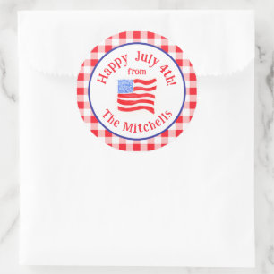 Watercolor July 4th Flag Red Check NAME Classic Round Sticker