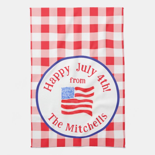 Watercolor July 4th Flag Red Check NAME Kitchen Towel (Vertical)