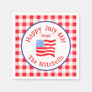 Watercolor July 4th Flag Red Check NAME Napkin