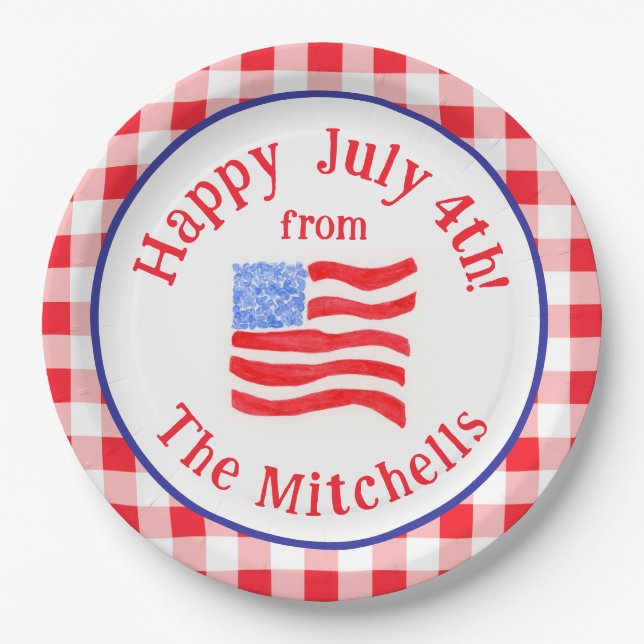 Watercolor July 4th Flag Red Check NAME Paper Plate (Front)