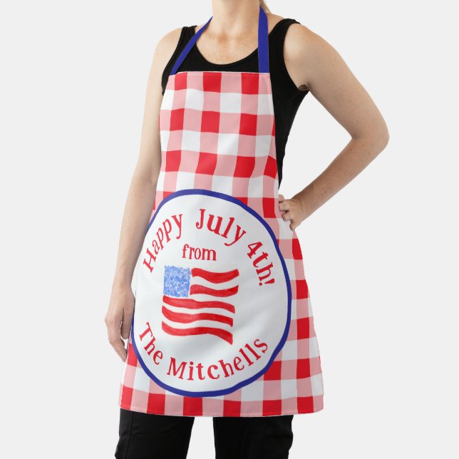 Watercolor July 4th Flag Red Check NAME Unisex Apron (Insitu)