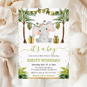 Watercolor Jungle Elephant Baby Boy Shower Invitation