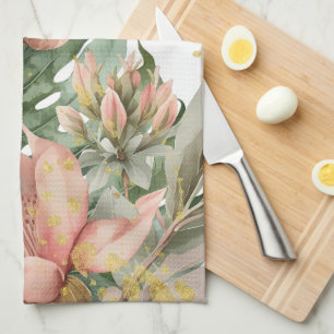 Watercolor Jungle Florals Peach Gold Splash Kitchen Towel