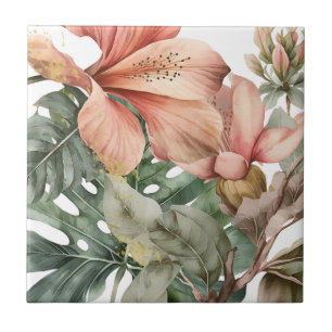 Watercolor Jungle Florals Peach Gold Splash Tile
