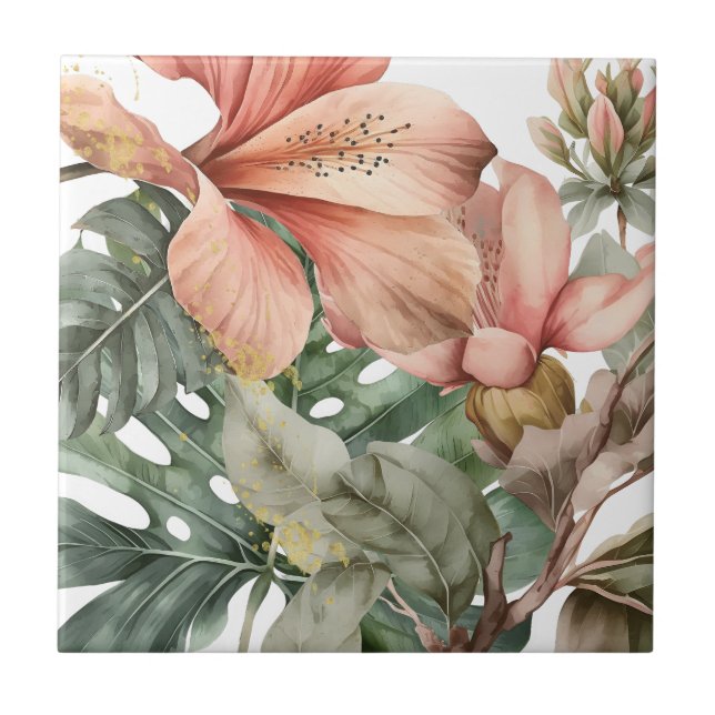 Watercolor Jungle Florals Peach Gold Splash Tile (Front)