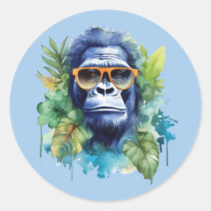 Watercolor Jungle Gorilla with Sunglasses & Leafs Classic Round Sticker