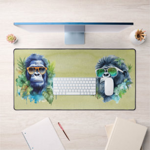 Watercolor Jungle Gorilla with Sunglasses & Leafs Desk Mat