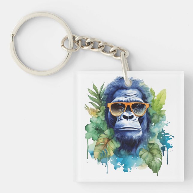Watercolor Jungle Gorilla with Sunglasses & Leafs Keychain (Front)