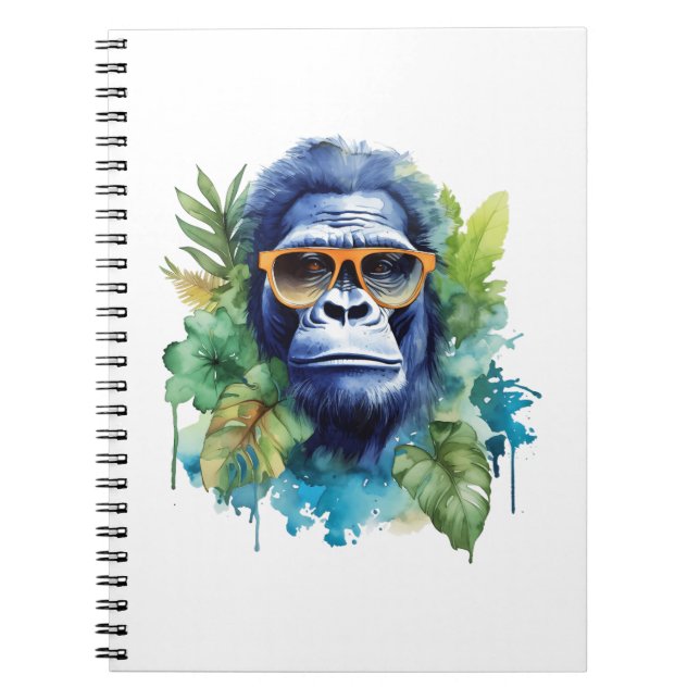 Watercolor Jungle Gorilla with Sunglasses & Leafs Notebook (Front)