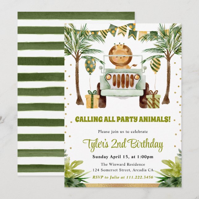 Watercolor Jungle Lion Kids Birthday Invitation (Front/Back)