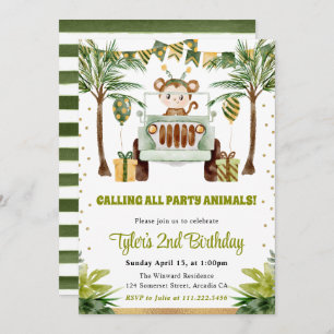 Watercolor Jungle Monkey Kids Birthday Invitation