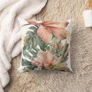 Watercolor Jungle Orchid Flowers Throw Pillow