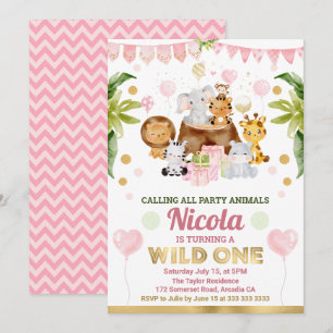 Watercolor Jungle Safari Animals Girls Birthday Invitation