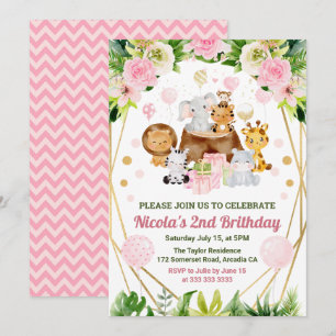 Watercolor Jungle Safari Animals Girls Birthday Invitation
