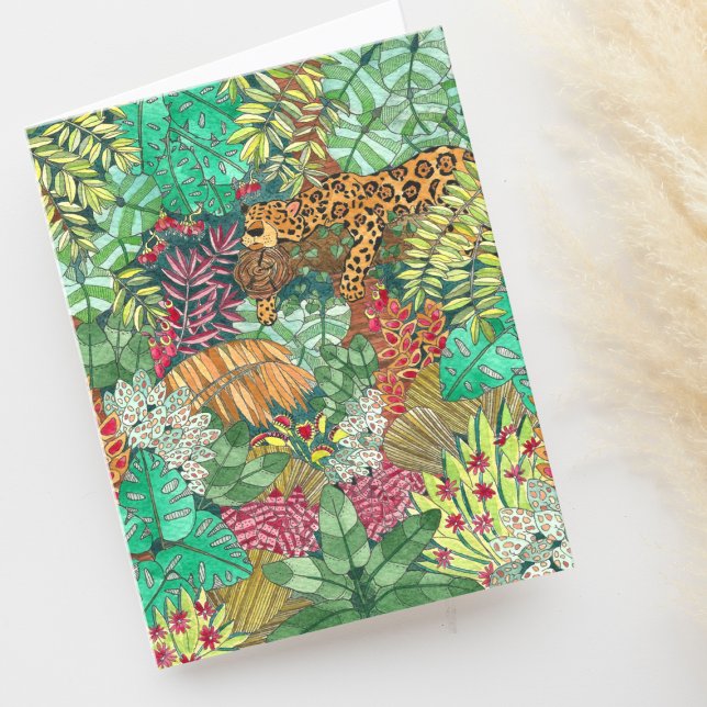 Watercolor Jungle with Sleepy Jaguar Blank Card (Creator Uploaded)