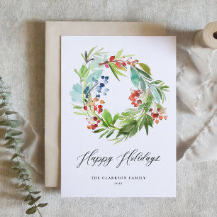 Watercolor Juniper and Holly Wreath Happy Holidays Holiday Card