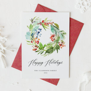 Watercolor Juniper and Holly Wreath Happy Holidays Holiday Card