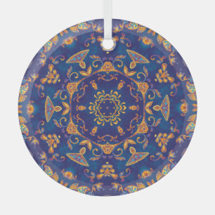 Watercolor Kaleidoscope Mandala Oriental Design. Glass Ornament