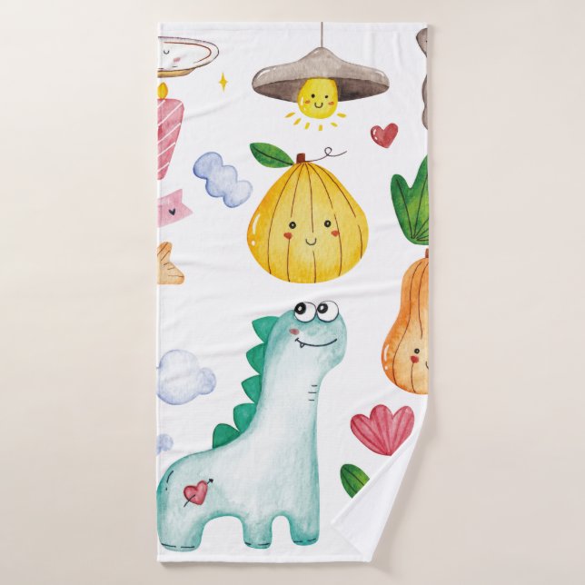 Watercolor kawaii doodles isolated on white backgr bath towel (Bath Towel)