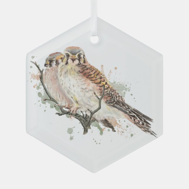 Watercolor Kestrel Falcon Friends Couple Birds Glass Ornament (Front)