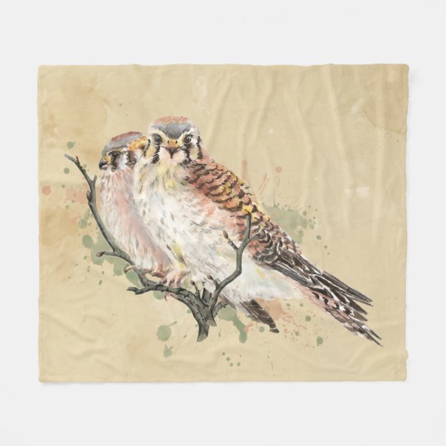 Watercolor Kestrel Falcon Sparrow Hawk Bird Art Fleece Blanket (Front (Horizontal))