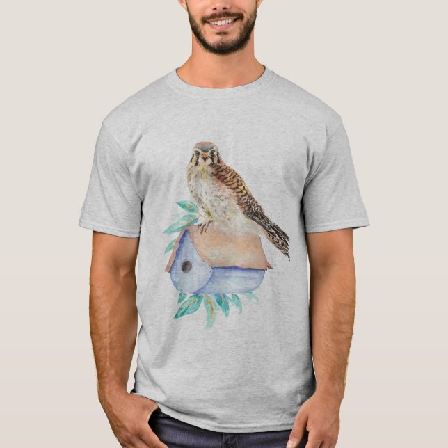 Watercolor Kestrel Sparrow Hawk Guarding Birdhouse T-Shirt (Front)