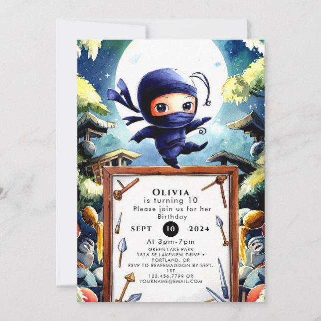 Watercolor Kids Ninja Birthday Invitation (Front)